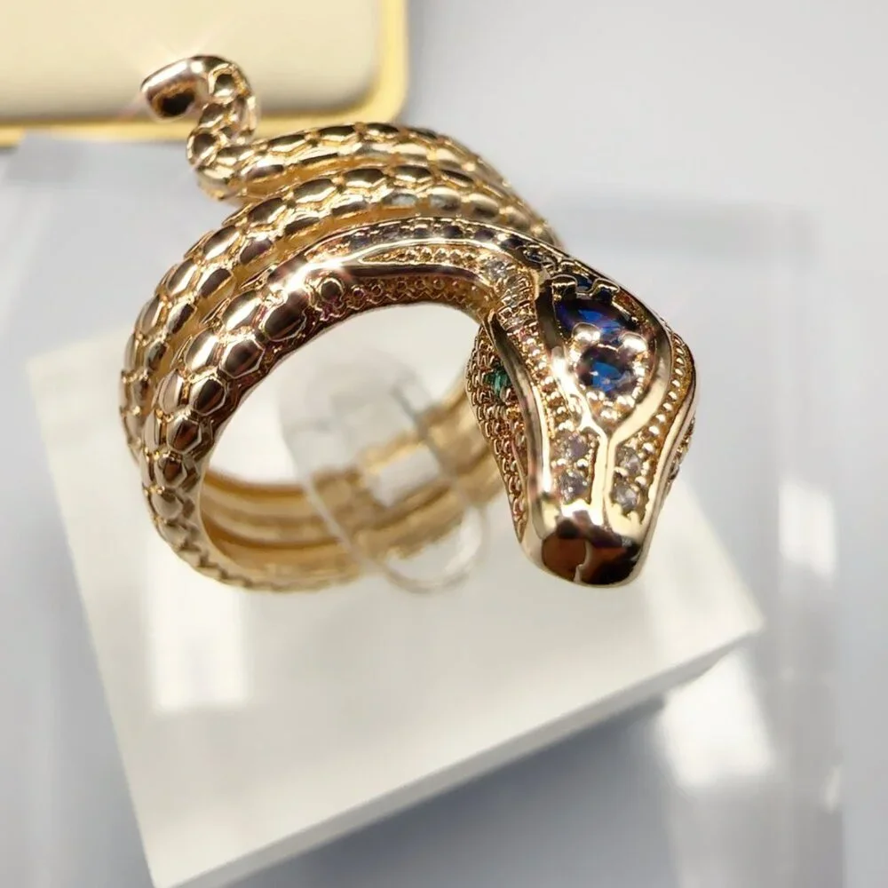 Gold Snake Ring With Blue & Clear Stones Serpent Design size 7 - Picture 2 of 8